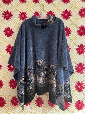 Charcoal Knit Dog Motif Poncho Sweater One Size